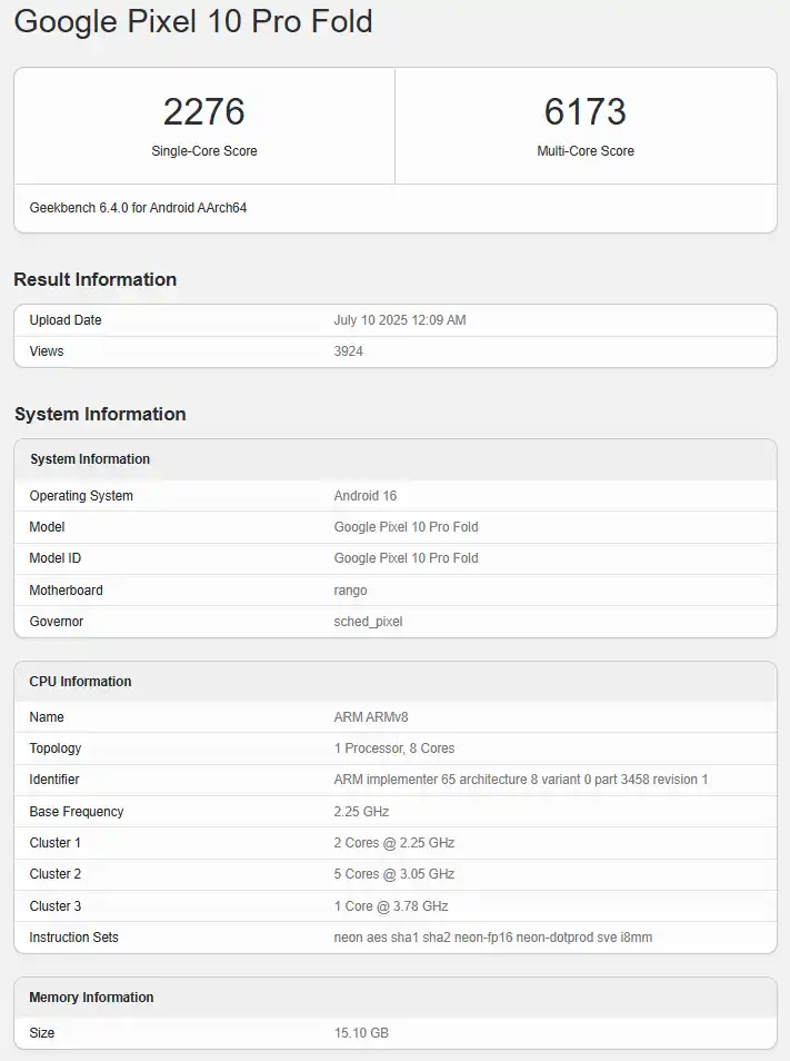 Pixel 10 Pro Fold Geekbench Score
