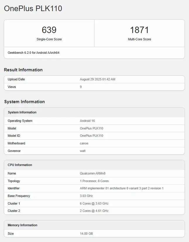 oneplus 15 geekbench leak