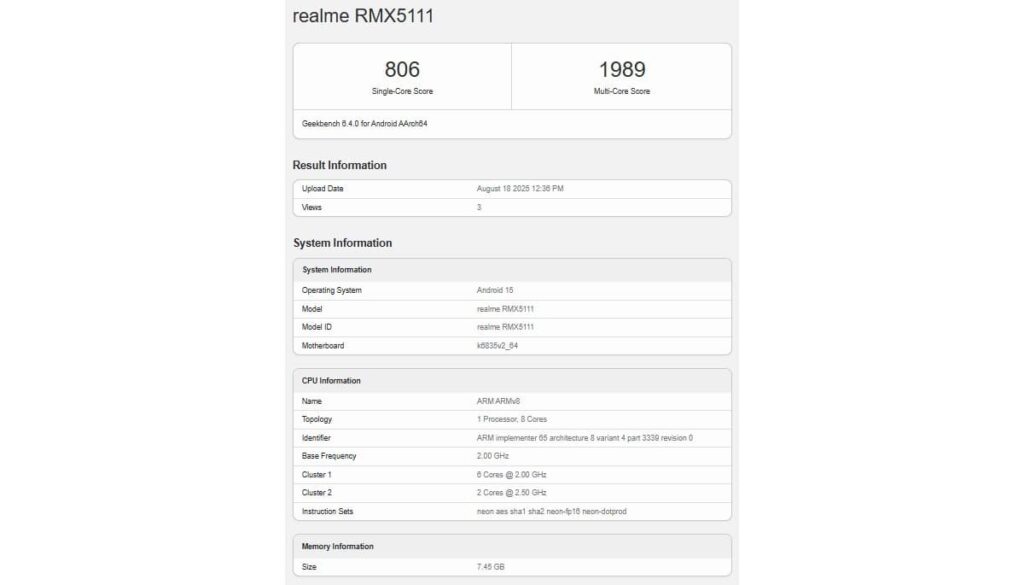 Realme 15T Geekbench Leak