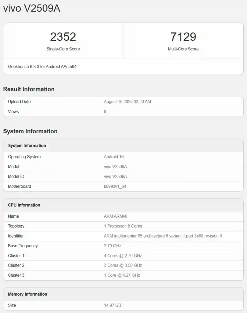 Vivo X300 Geekbench Score