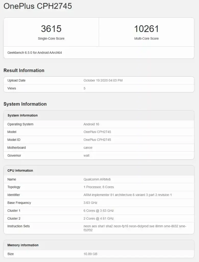 OnePlus 15 Geekbench Leak