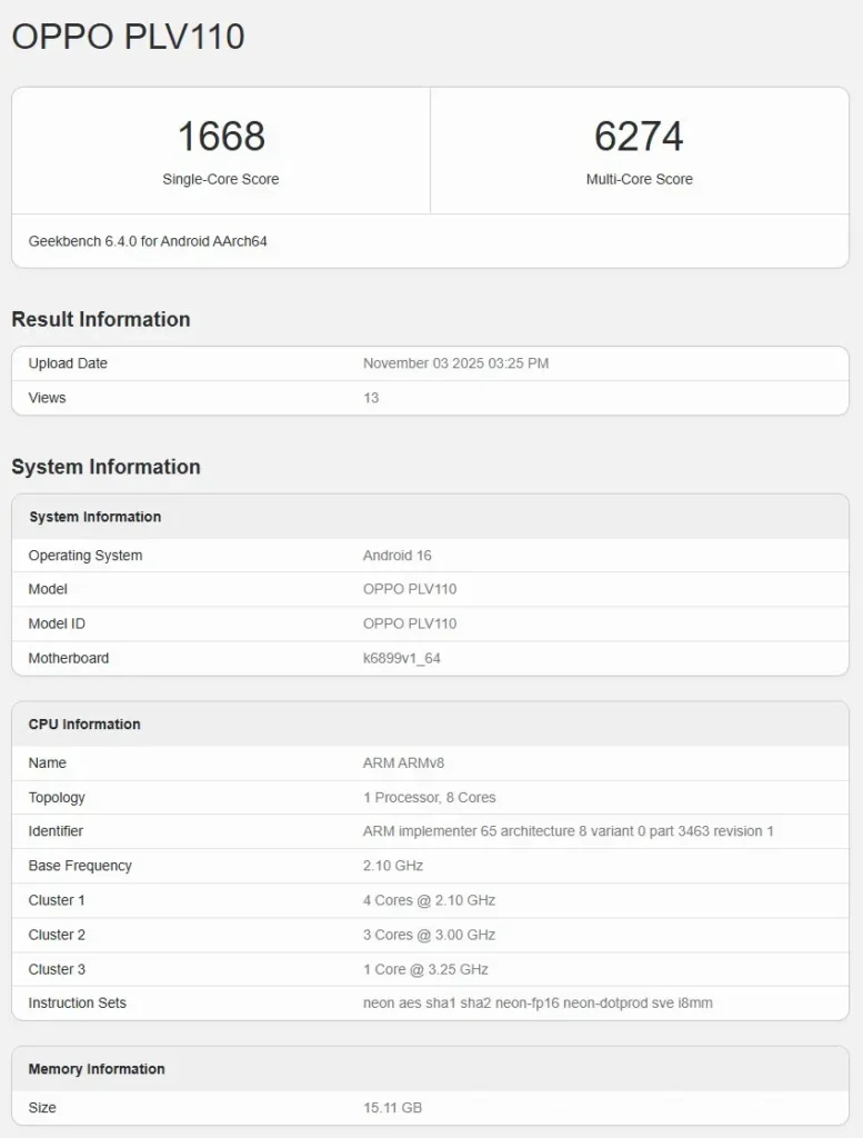 Oppo Reno15 Geekbench