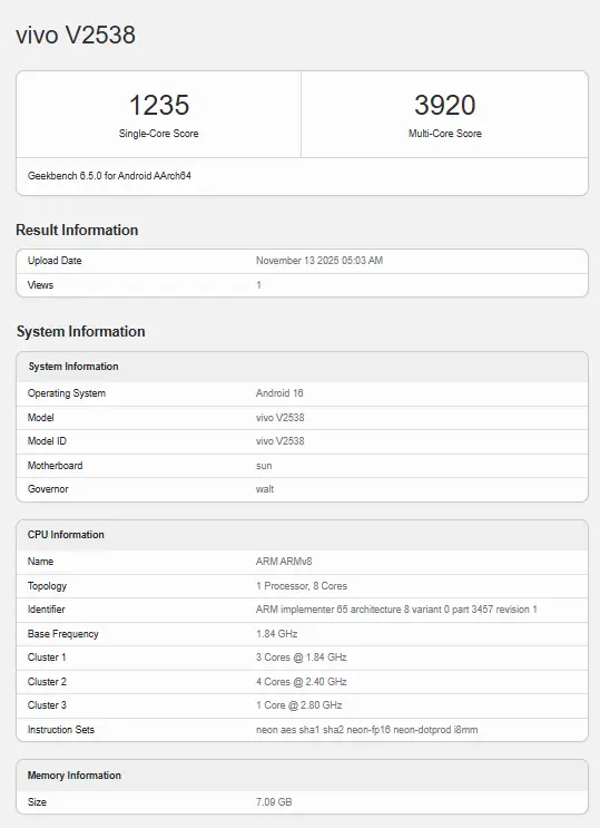 Vivo V70 Geekbench listing confirms Snapdragon 7 Gen 4 and Android 16